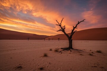 Sunset over a desert landscape with barren trees and orange sand dunes