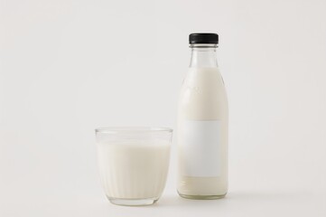 Bottle and glass filled with coconut milk on a light backdrop