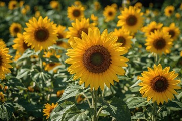 Obraz premium Close-up of vibrant sunflowers (Helianthus annuus) blooming in a garden