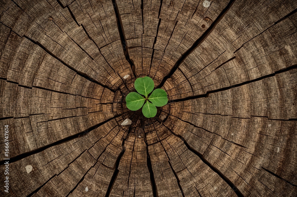 Poster clover sprouting from a weathered tree stump