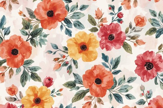 Colorful floral design with watercolor backdrop for digital textile printing