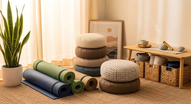 A meditation corner with neatly folded yoga mats, stacked cushions, and storage baskets, symbolizing harmony and inner peace.