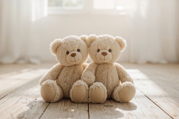 Adorable Plush Bears Hugging While Seated on a Timber Floor Near a Sunlit Window