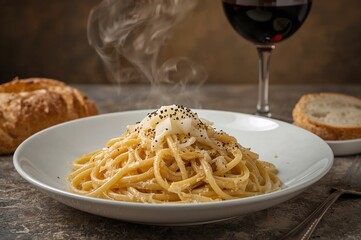 Tasty pasta dish with egg, pecorino cheese, and black pepper sauce, classic Italian cuisine