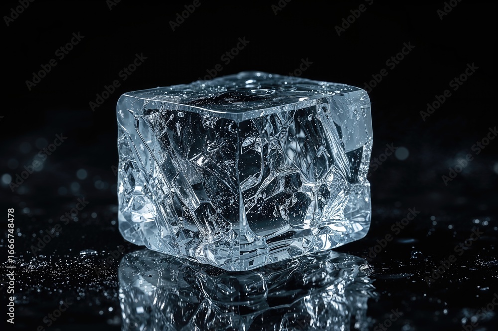 Poster transparent ice cube on a glossy black background with clipping path