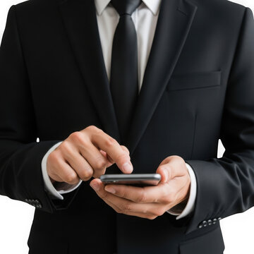 Businessman in black suit texting on smartphone waist up shot professional business communication transparent background