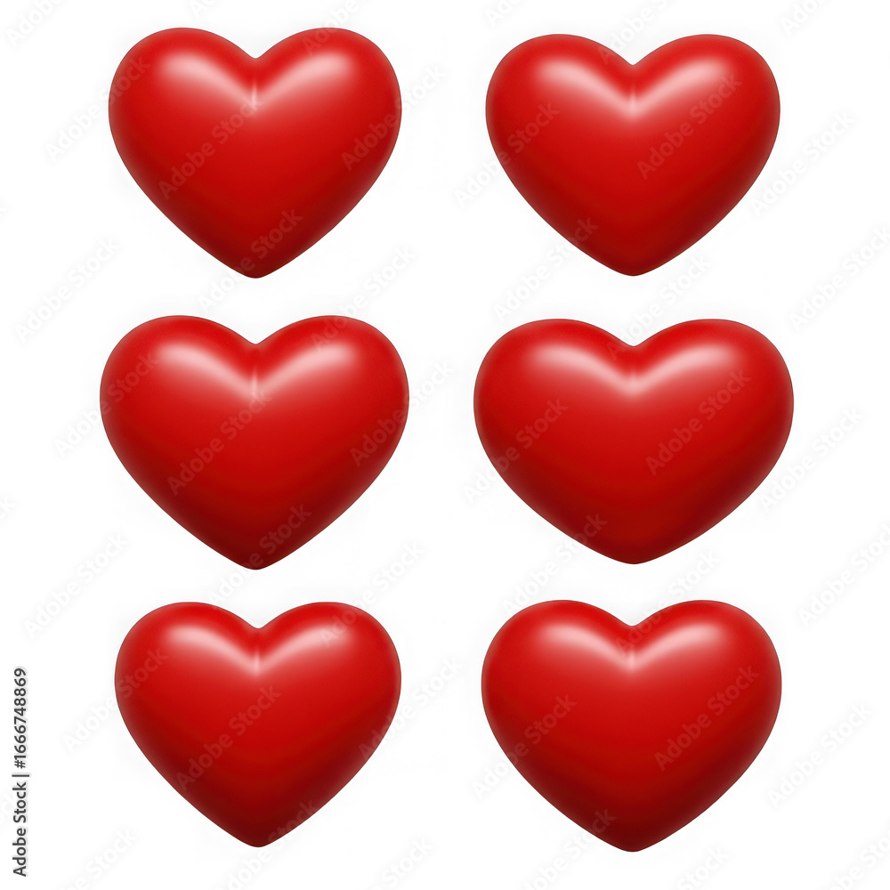 Poster six glossy three-dimensional red hearts displayed in a grid arrangement transparent background