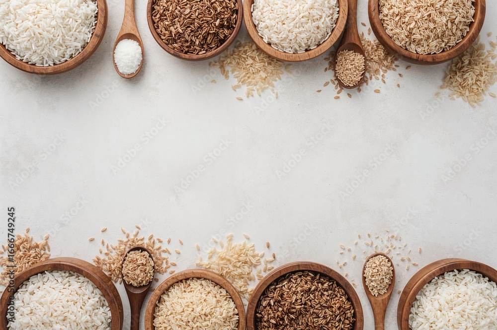 Poster assorted types of rice displayed in wooden containers and scoops on a light stone surface.