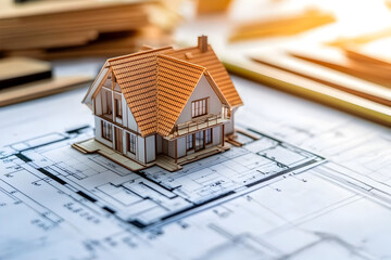 Miniature house model on architectural drawing, representing real estate concept and property development. Housing project blueprint for planning, design.