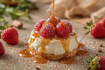 Strawberry-topped caramel custard dessert