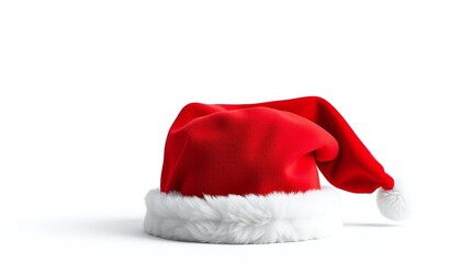 red Santa hat with white fur trim on white background