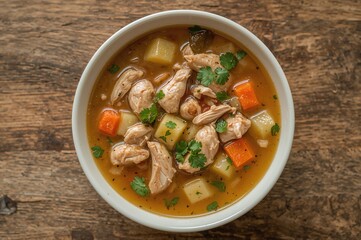Detailed look at a bowl of homemade chicken and vegetable broth on a rustic wooden surface