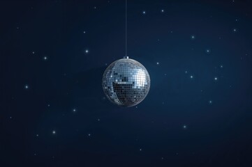 Silver disco ball against a deep blue backdrop with sparkling stars. Minimalist retro club banner for an exciting night event