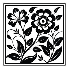 Framed Floral Art Bold Black and White Botanical Design with Blooming Flowers and Leaves