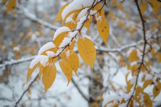 Snow-covered birch leaves and catkins in a winter landscape, showcasing frosted natural branches against a blurred backdrop, with snow falling gently.