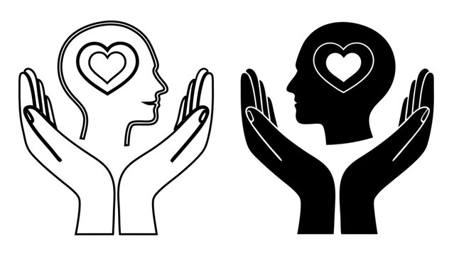 Compassionate Mental Care Icons of open palms holding a head silhouette with heart in Outline and Solid Black Vector