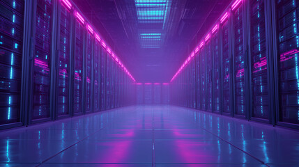 futuristic data server room with glowing blue and purple lights, high tech atmosphere, stock photography