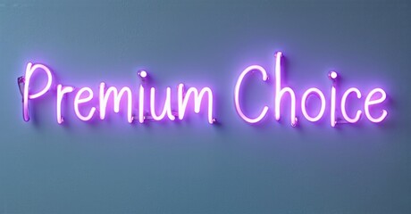 Obraz premium Bright neon sign displays words Premium Choice. Purple glow contrasts dark background. Simple, modern lettering style.