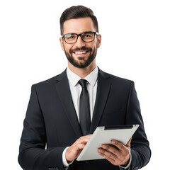 Confident smiling businessman in a dark suit holding papers ready for business success transparent background