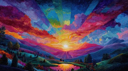 Vibrant landscape painting of a sunrise over a valley