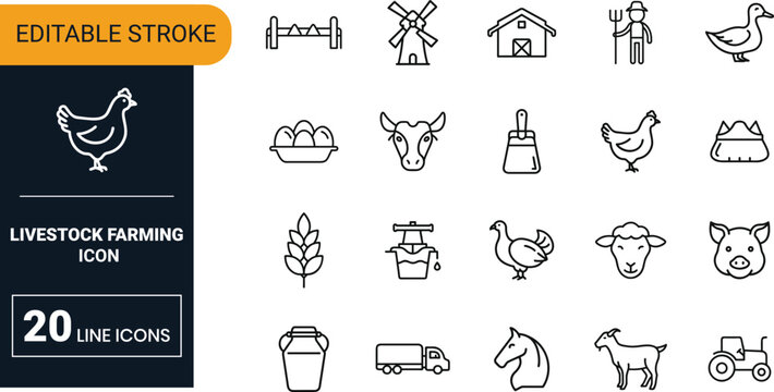 Livestock farming vector icon set collection with cow, sheep, goat, poultry, barn, agriculture, milk, meat and rural economy