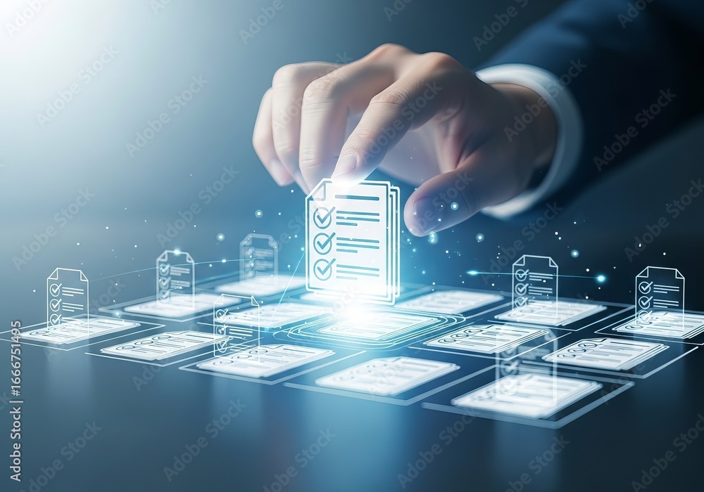 Poster closeup of a hand selecting a glowing checklist icon from a digital interface, symbolizing business 