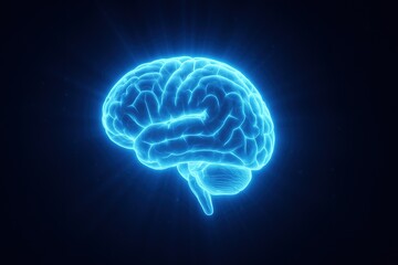 Glowing digital brain illustration with blue neon light on dark background. Futuristic concept of artificial intelligence, technology, neuroscience, and human mind power