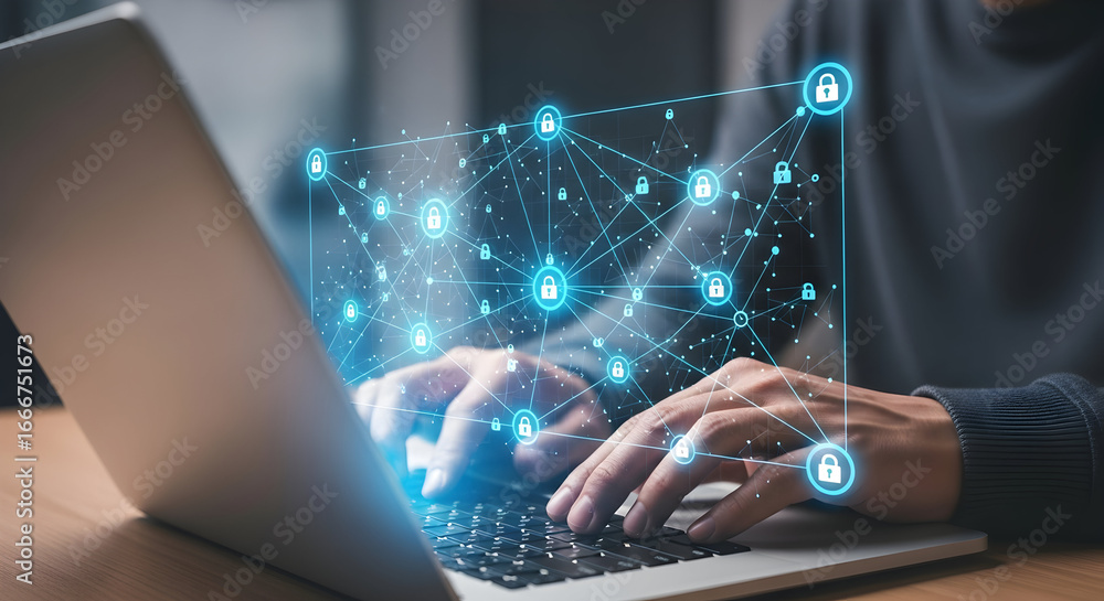 Poster digital data security concept with person typing on laptop and lock icons