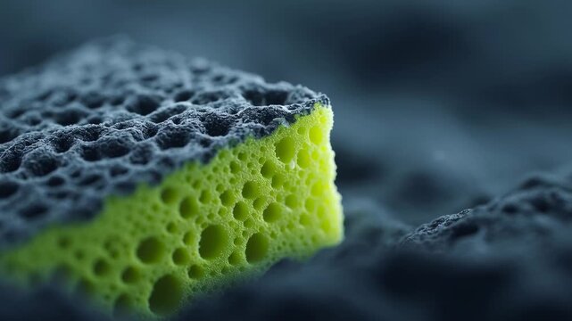 Porous sponge cleaning tool yellow black closeup texture household macro absorbent soft hygiene detail with modern abstract focus, wet droplet