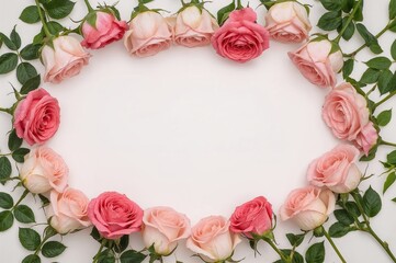 Arrangement of lovely rose blossoms on a pale backdrop. Floral border. Overhead perspective, blank area.