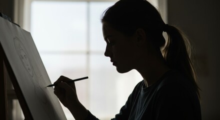 Silhouette of focused young woman sketching portrait on canvas in her art studio