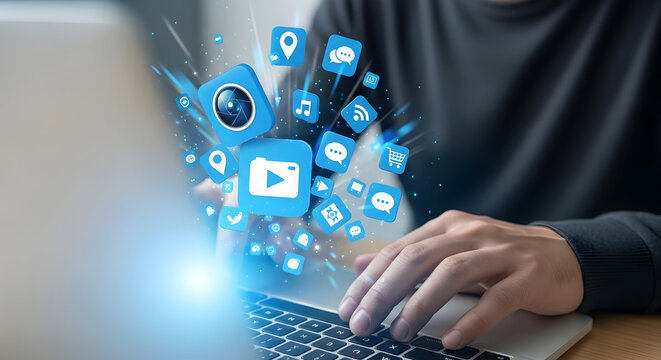Person Typing on Laptop, Digital App Icons Emerging from the Device