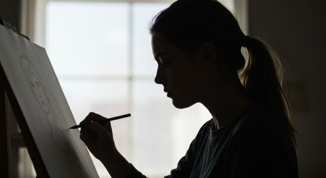 Silhouette of focused young woman sketching portrait on canvas in her art studio