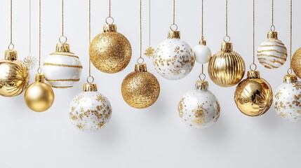 White and gold Christmas baubles with glitter and shine hanging on strings for festive holiday decor