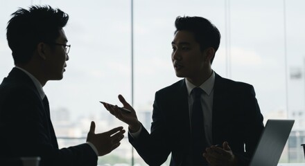 Silhouette of Asian Businessmen Discussing Strategy in Modern Office