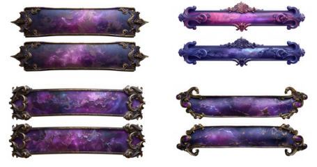 Collection of ornate fantasy banners with galaxy background isolated on transparent background