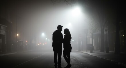 Silhouette of a romantic couple gazing at each other amidst the dense fog
