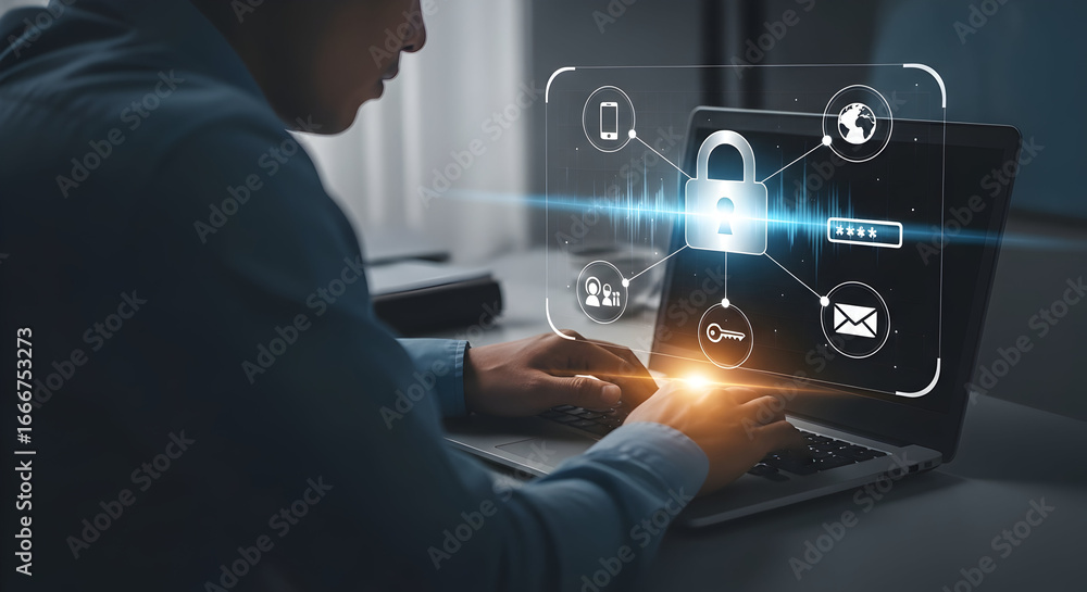 Poster person using laptop with digital cybersecurity interface for data protection