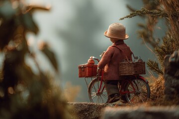 Miniature figure on a bicycle in a sunlit forest
