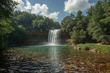 Waterfall in a Forested Provincial Park during Summer