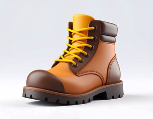 Stylized 3D render of a brown and yellow work boot with vibrant yellow laces, dark brown sole and toe cap, standing angled against a clean white background, symbolizing hard work and Labor Day.