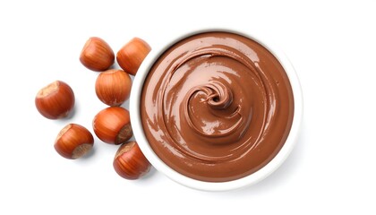 Chocolate hazelnut spread in bowl with hazelnuts