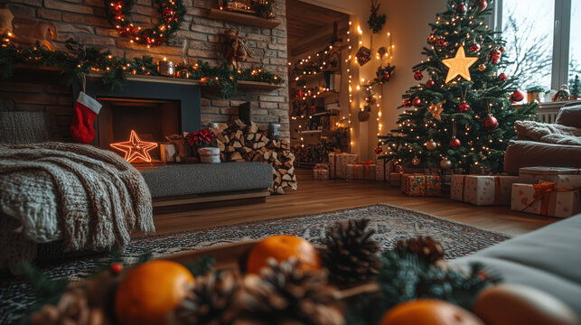 a living room decorated for Christmas with eco-friendly handmade ornaments, dried oranges, wooden stars
