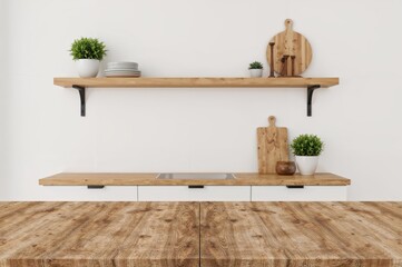 Wooden countertop and plain white wall in cooking area, wooden shelving, surface for displaying food and items indoors, wooden desktop, workspace banner, mockup, template, vertical