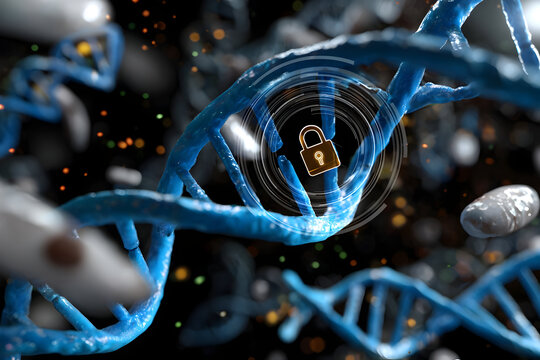 Biometric Security Concept With DNA Structure and Digital Padlock Representing Advanced Technology for Identity Protection and Authentication