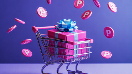 Sweet surprise gift in shopping cart with falling pink points, perfect for promotions and rewards
