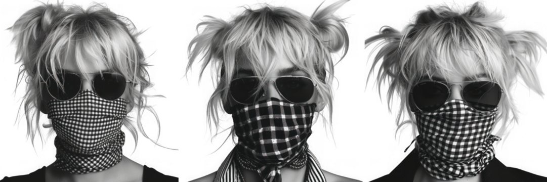 Three women with sunglasses and patterned masks and pigtails isolated on transparent background - Powered by Adobe