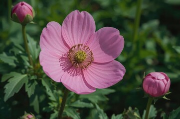 Detailed view of a vibrant pink Anemone tomentosa blossom in a garden setting