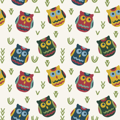 Obraz premium Festive cozy pattern with winter birds and geometric Scandinavian elements. Owl as symbol north in forest. New Year winter holiday design for wrapping paper, banners and flyers, fabric and textile.