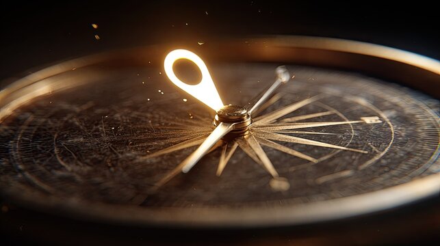 Antique compass, glowing needle, dark background
